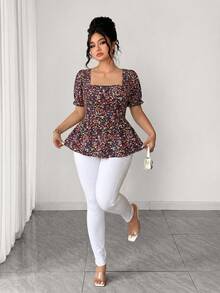 Elenzga Blus Wanita Ukuran Besar Elegan Kasual Serbaguna untuk Liburan, Puff Sleeve Square Neck Musim Semi Musim Panas Terbaru yang Mempertegas Pinggang - MultiWarna - View 6
