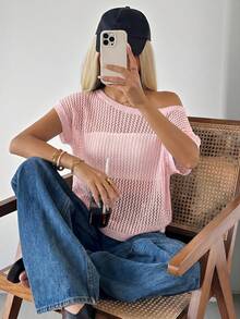 SHEIN EZwear 女士休闲沙滩度假纯色不对称领蝙蝠袖短袖透视开襟针织上衣 - 淺粉色 - 查看 6
