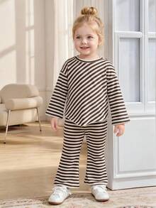 Baby Girl Casual Striped High-Neck Asymmetrical Hem T-Shirt And Flared Pants Set, Autumn/Winter Style - Khaki - View 4