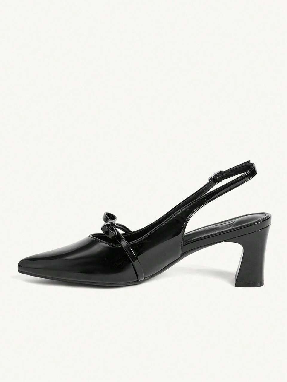 CUCCOO CHICEST Black Glossy Pointed Back Empty Bow Mid-Heel Shoes, Suitable For Commuting Workplace, Daily Casual Wear, Formal Occasions And Other Occasions