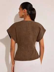 COSMINA Denim Atasan Denim Lengan Kelelawar untuk Wanita, Cocok untuk Perjalanan Sehari-hari - Coklat - View 2