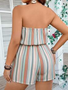 SHEIN VCAY Women's Bohemian Style Vacation Blue And White Striped Colorful Print Top And Shorts Jumpsuit, Summer Holiday Vintage Beach Vacation Outfit, Casual Simple Plus Size Bandeau Shorts Jumpsuit - Multicolor - View 2