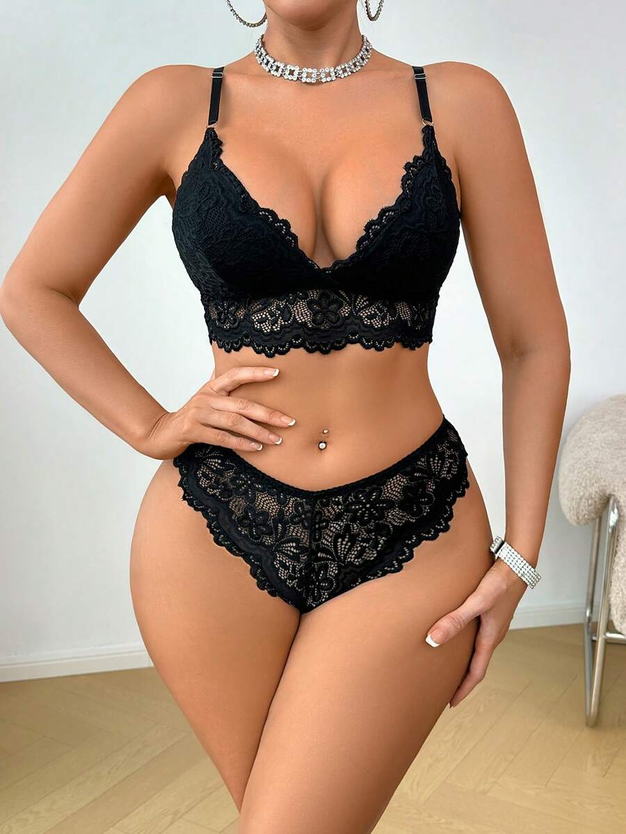 SHEIN 女士优雅性感纯色蕾丝内衣套装 - 黑色 - 查看 1
