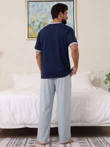 DAZY Men's Raglan Sleeve Contrast Color Loungewear Set, Spring/Summer Pajamas - Multicolor - View 2