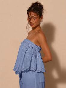 COSMINA Urlaubsstil Rüschen besticktes Bandeau Top, schwer besticktes Top, lockere Passform, Damen Sommer Essential Top, geeignet für Strandurlaub, Wochenendausflug, BOHO Stil, weißes Damen Top, elastischer Ausschnitt - Blau - Übersicht 2