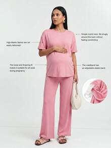 SHEIN 2pcs Maternity Set: Solid Color Short Sleeve Top And Adjustable Waist Casual Business Casual Pants Loungewear Summer - Pink - View 4