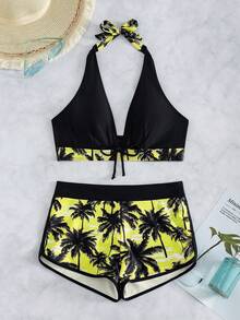 SHEIN Swim Women's Vacation Bow Halter Tie Top And Coconut Tree Print Shorts Two-Piece Swimsuit Set (Random Print) - Yellow - View 3