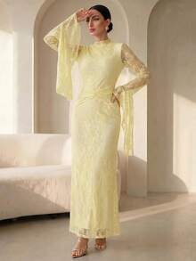 Graceveil Solid Light Yellow Full Lace Bodycon Mermaid Long Dress For Women, Flared Bell Long Sleeves With Drape Cuff Ruched Waist Wedding Guest Formal Gown - Yellow - View 8