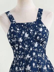 SHEIN 2piezas/Set Top de cárdigan de punto acanalado con decoración de lazo casual para primavera/otoño y vestido elegante simple de tirantes finos con estampado tejido para adolescentes - azul real - Ver 4