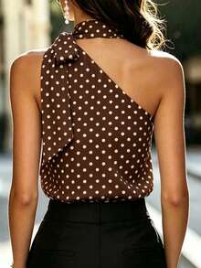 Balvessa French Elegant Polka Dot One Shoulder Bow Halter Top - Coffee Brown - View 2