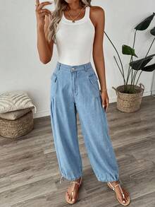 SHEIN LUNE Jeans Jogger Casuales Diarios con Bolsillo de Solapa para Mujer - Azul - Ver 6