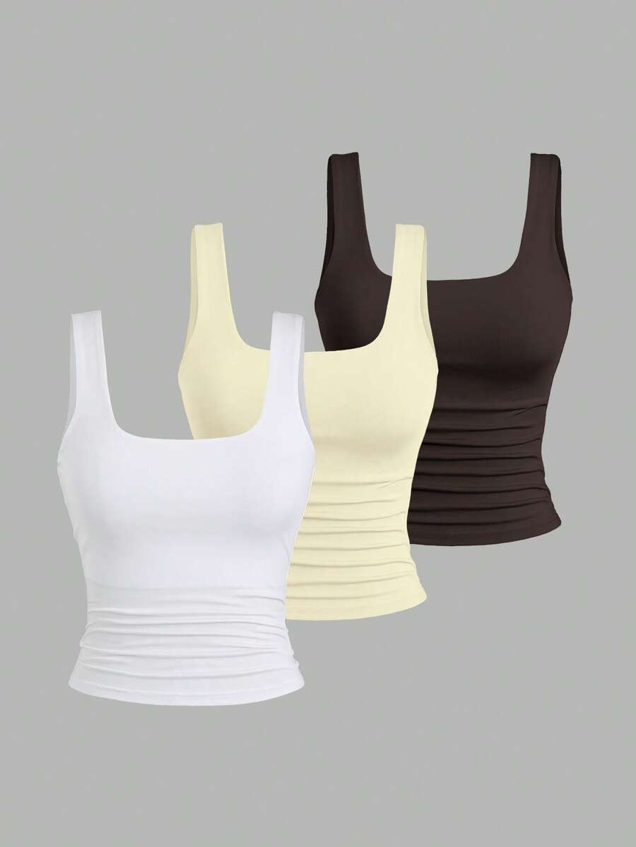 Sweetra Women's Solid Color Square Neck Pleated Fitted Casual Tank Top - Multicolor - View 1