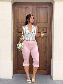 GalTyme Plus Size Women's Solid Color Ruffle Hem 3/4 Length Leggings Vacation Pink Summer - Pink - View 6