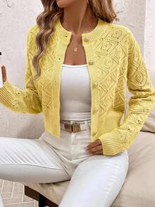 SHEIN Clasi Cárdigan de manga larga de unicolor de un solo pecho, casual y versátil para uso diario y salidas, talla grande para mujer - Amarillo - Ver 1
