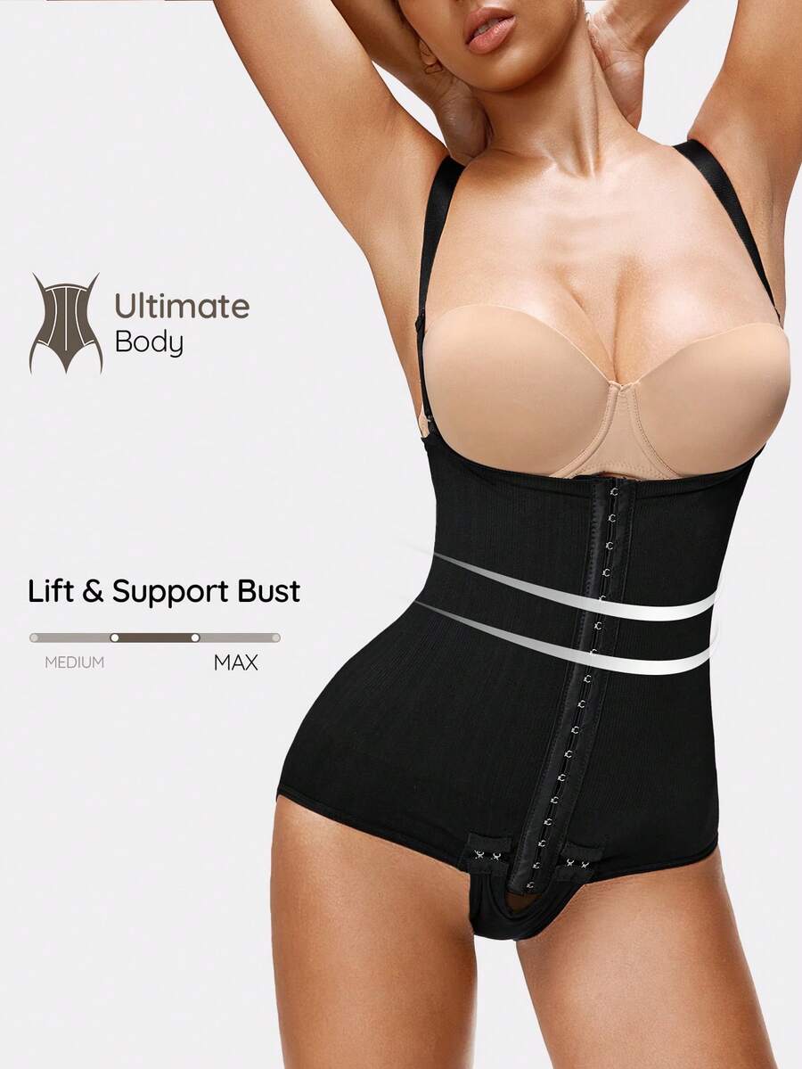 SHAPORA Women's Solid Color Ribbed Front Button Low-Cut Camisole Bodysuit - Black - View 1
