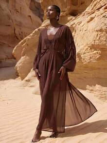 Zivah Women's Solid Color V-Neck Split Design Casual Vacation Travel Cover-Up Dress - Brown - View 9