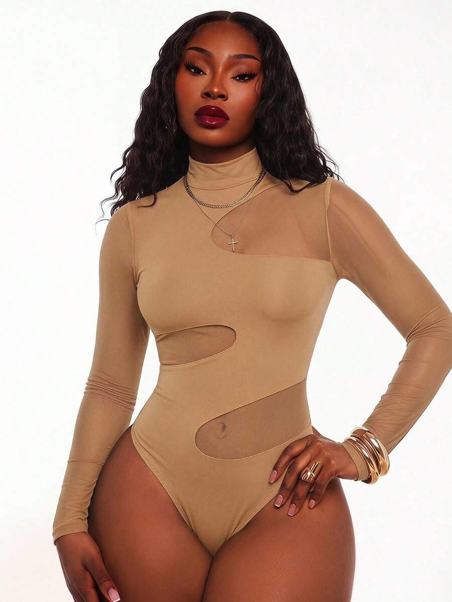 Radiana Khaki Women Fashion Asymmetric Cut Out Long Sleeve Mock Neck Bodysuit With Mesh Detail For Clubwear - Khaki - View 1
