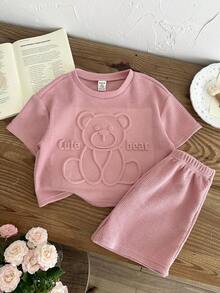 SHEIN Setelan 2 Potong untuk Bayi Perempuan, Motif Kartun 3D Kasual Lucu Warna Pink, Atasan Lengan Pendek Timbul dan Celana Pendek Pinggang Elastis - Dusty Pink - View 3