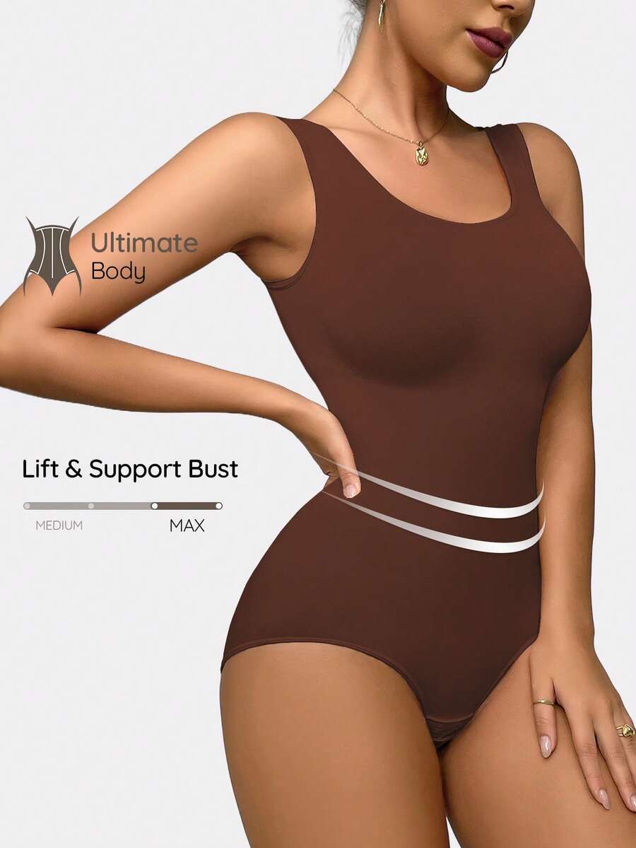 SHAPORA Women's Solid Color Round Neck Buttoned Bodysuit - Coffee Brown - View 1