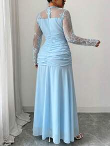 Modelyn French Design Lace Patchwork Bow Women's Long Dress Fall - Blue - View 3