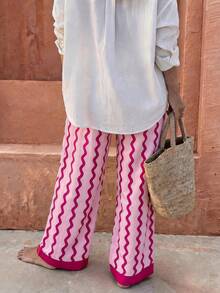 Flora Isola Flora Isola Vacation Bohemian Pink Wavy Striped Women's Long Pants - Hot Pink - View 2