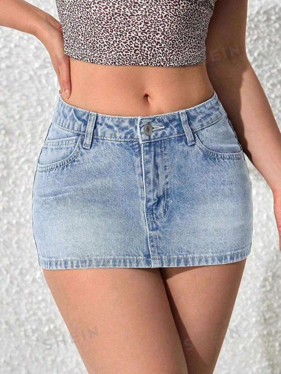 SHEIN PETITE Women Casual Washed Mini Denim Skirt - Light Wash - View 1
