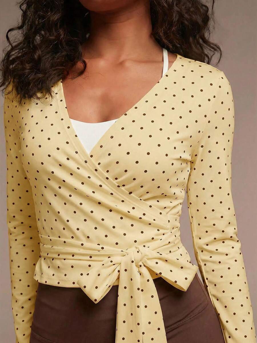Athîral Women's Polka Dot Print Side Knot Sports T-Shirt - Yellow - View 1