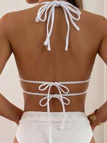 Swim Basics Women's Summer Beach Vacation Solid Color Textured Fabric Backless Tie-Front Split Bikini Set - White - View 6