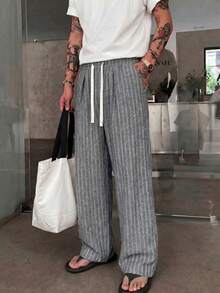 STEELVANCE Men's Striped Pattern Drawstring Waist Loose Casual Long Pants - Grey - View 4