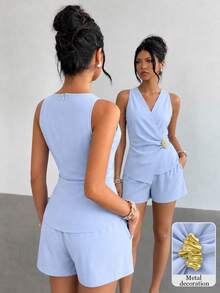 Modelyn Women's Casual Smart Casual Elegant 2-Piece Set, V-Neck Front Open Blouse + Shorts, Fashionable Work Brunch Outfit, Summer Baby Blue - Blue - View 5