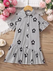 SHEIN 1件女童幼兒洋裝，可愛復古風黑白條紋花卉印花短袖鈕扣前襟小領薄款休閒夏季洋裝 - 黑色 - 查看 5