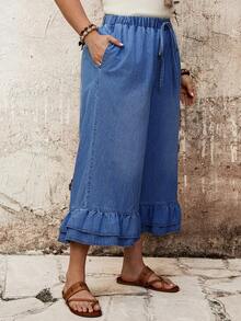 EMERY ROSE EMERY ROSE Pantalones Capri para Mujer Talla Grande con Cintura con Cordón y Dobladillo Fruncido - Azul lavado medio - Ver 5