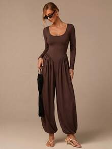 COSMINA Women's Solid Color Square Neck Long Sleeve Pleated Elastic Leg Fashion Jumpsuit Brunch Holiday Dark Brown Autumn Elegant Casual Tea Party Travel - Brown - View 1