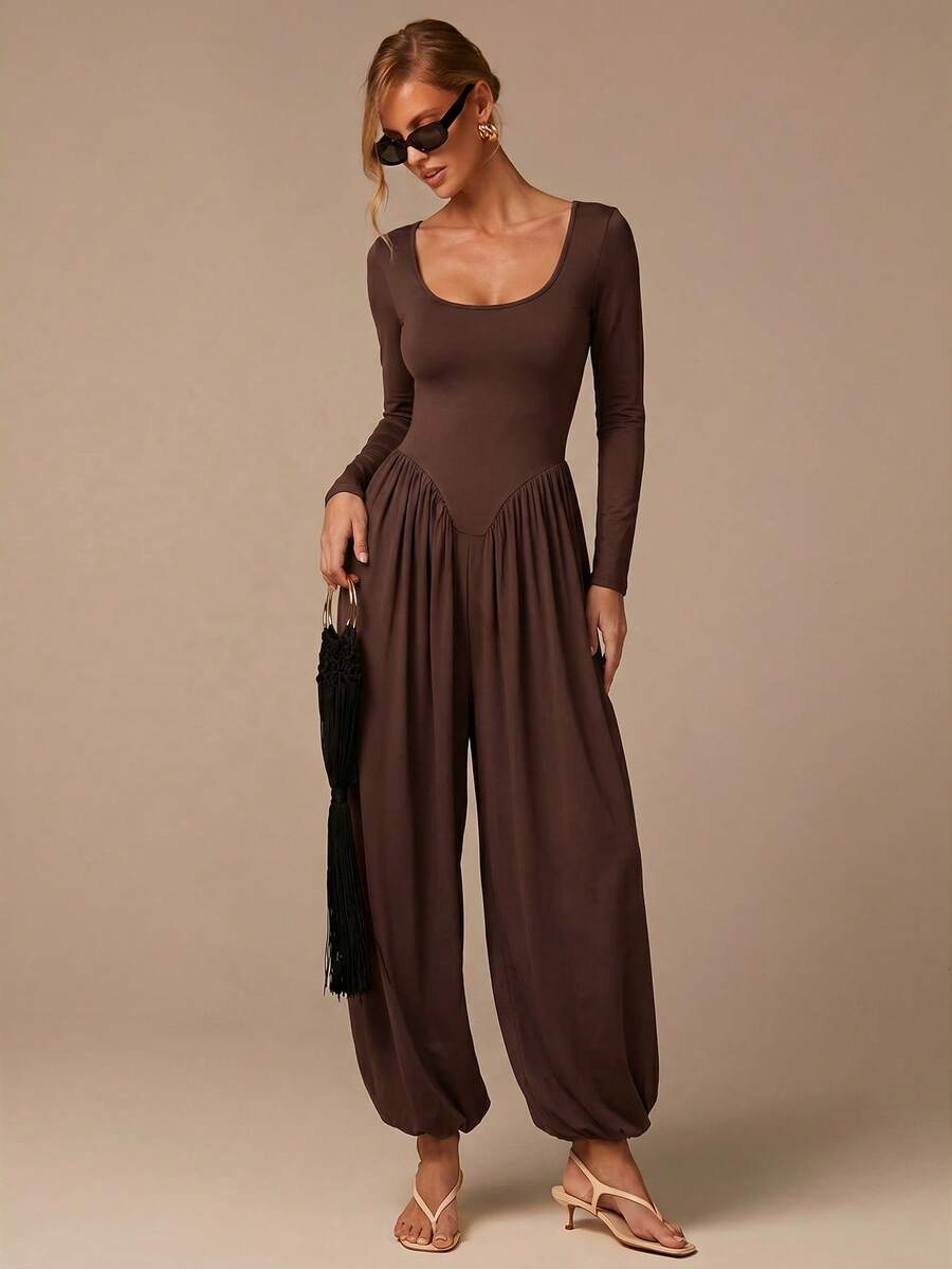 COSMINA Women's Solid Color Square Neck Long Sleeve Pleated Elastic Leg Fashion Jumpsuit Brunch Holiday Dark Brown Autumn Elegant Casual Tea Party Travel - Brown - View 1