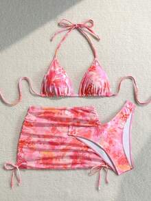 Soleia Women's Large Floral Print Halter Neck Vacation Beach Bikini Set With Cover-Up Skirt - Pink - View 3
