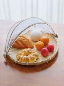 1pc Handwoven Food Service Tent Basket Tray, Fruit Outdoor Cover Insect Bamboo Woven Storage Basket Picnic Scoop Tool - Wood Color - View 5
