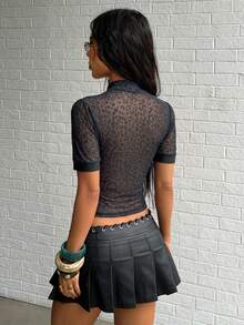 Jeanoix Women's Sexy Deep V-Neck Elastic Mesh Slim Fit Blouse - Black - View 2