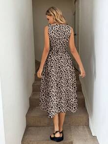 SHEIN LUNE Retro Leopard Print Round Neck Sleeveless Fitted A-Line Midi Dress - Multicolor - View 2