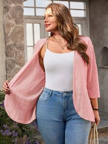 EMERY ROSE Conjunto de vacaciones talla grande para mujer, chaqueta casual de resort con unicolor y dobladillo asimétrico - Rosa - Ver 7