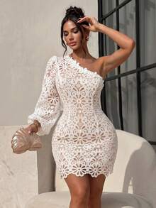 Sirith Slanted Shoulder White Lace Elegant Dress Fall Cloth For Women - White - View 1