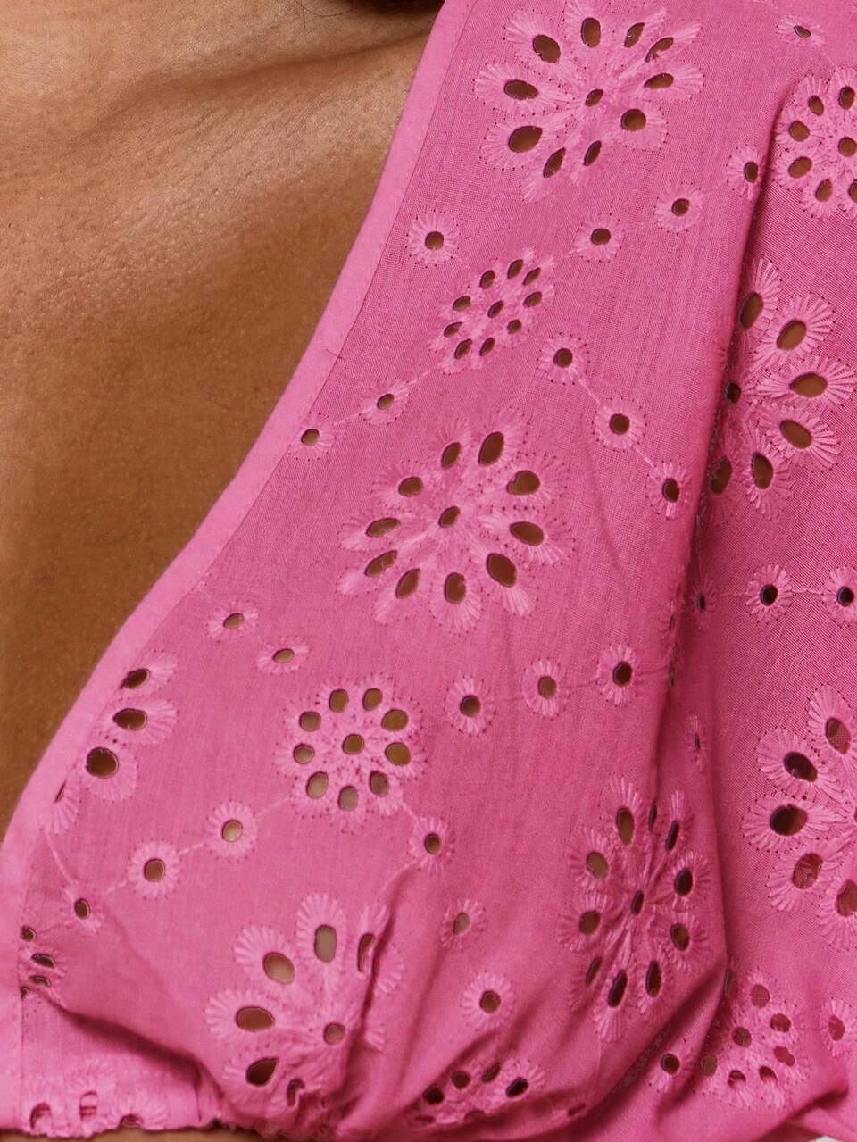 Plunge Front Embroidered Anglaise Long Wide Sleeve Tie Front Crop Top Cover Up Swim Beach Holiday Festival Tropical Sexy Pink Floral Party