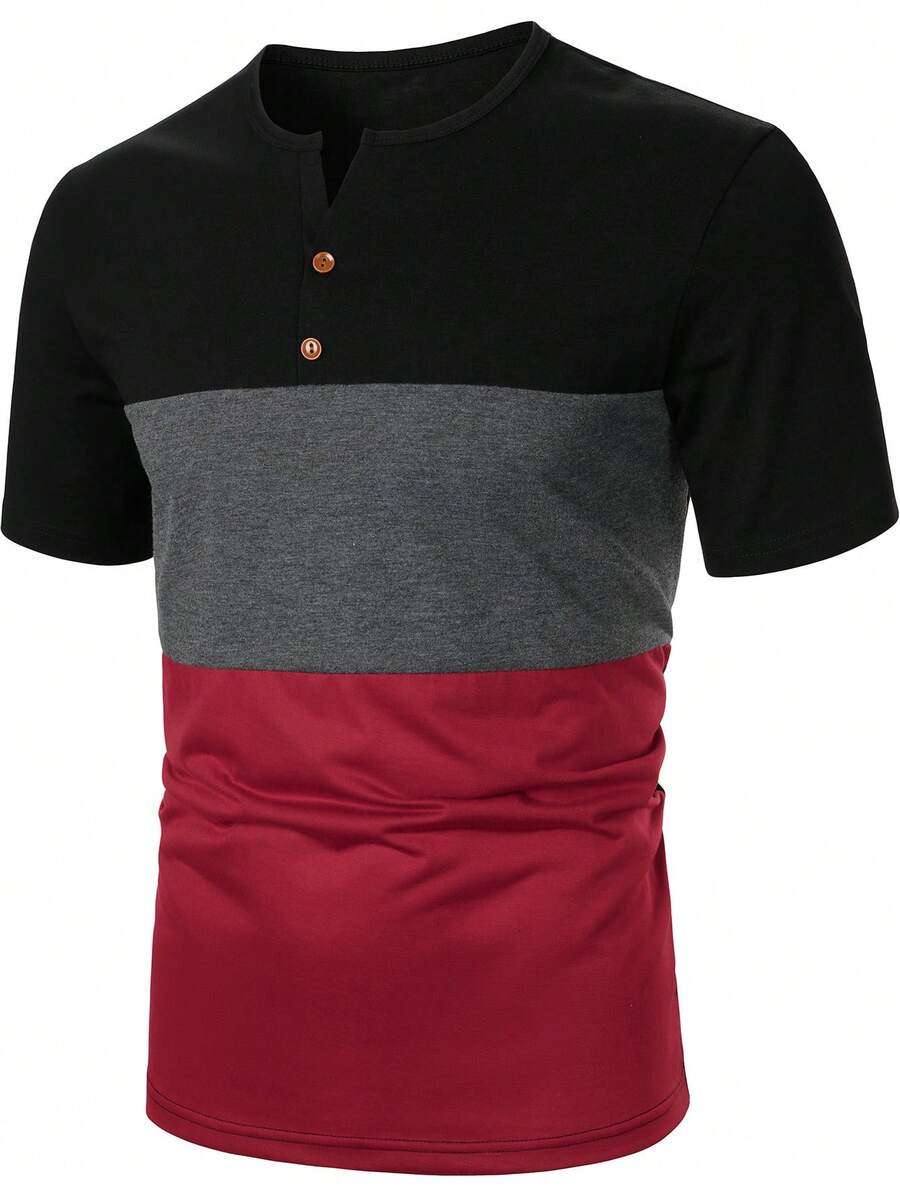 Manfinity Homme Men's Contrast Color Button Design Short Sleeve Casual T-Shirt, Summer Essential - Multicolor - View 1