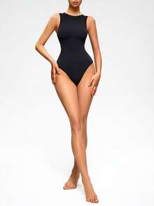 SHAPORA Bodyduit de control de abdomen de punto acanalado negro para mujer - Negro - Ver 3