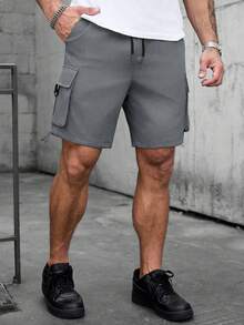 Manfinity Homme Celana Pendek Kargo Denim Pria Ukuran Besar dengan Motif Huruf, Cocok untuk Perjalanan Harian, Bepergian, Pakaian Kasual, dan Acara Akhir Pekan. - Dark Grey - View 7