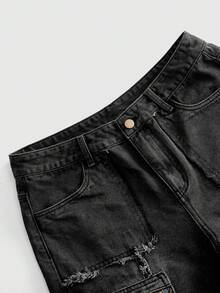 ROMWE MEN Pantalones cortos vaqueros cargo con bolsillos 3D para hombre - Negro - Ver 5