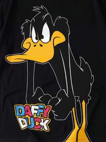 LOONEY TUNES X SHEIN 男士卡通印花圓領短袖上衣與口袋抽繩腰短褲家居服套裝 - 黑色 - 查看 4