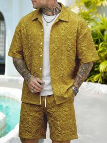 Manfinity CasualCool Kemeja Lengan Pendek Kancing Depan Jacquard dan Celana Pendek untuk Pria, Pakaian Kasual Sehari-hari - Kuning - View 4