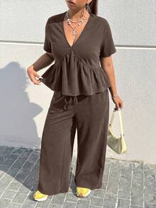 Muchica Chocolate Brown Plus Size Women 2 Pieces Set, Spring/Summer - Chocolate Brown - View 3