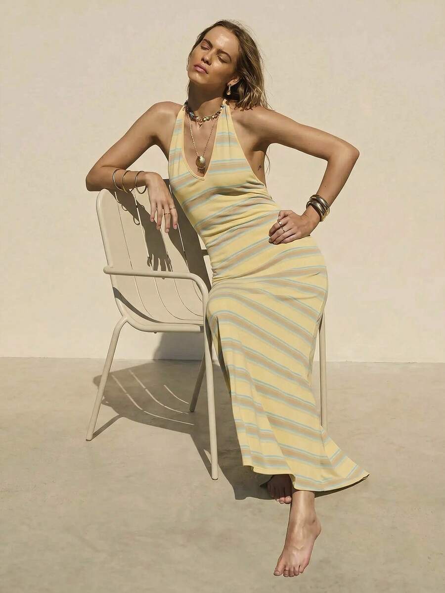 Aralina Women's Spring Summer Ribbed Multi Stripe Stretch Halter Vacation Holiday Beach Resort Cover Up Tropical Maxi Dress Light Blue - Multicolor - View 1