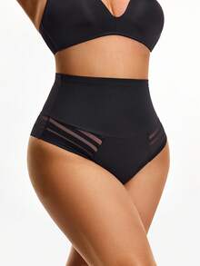 SHAPORA Plus Size Solid Color High Waist Net Mesh Patchwork Shaping Underpants - Black - View 7